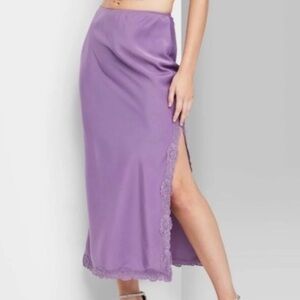 Satin Lace-Trim Midi Skirt + Side Slit